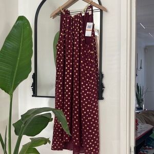 Women's Burgundy Polka Dot Jumpsuit with Gold Dots